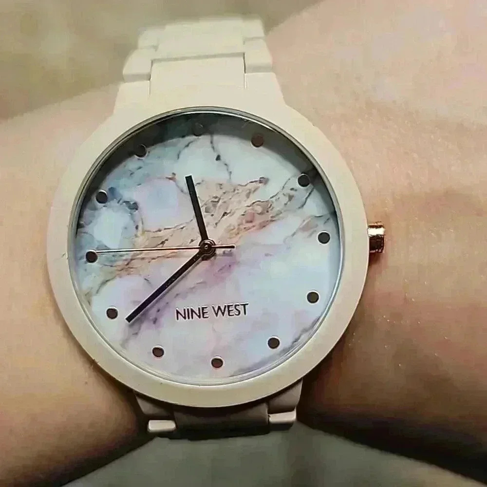 Nine West Pink and Marble Link Bracelet Watch with Rose Gold Features